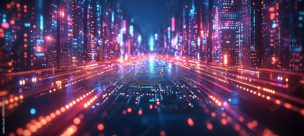 Poster virtual digital highway portal technology with city building. generative ai technology.