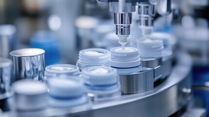 Automated cream filling machine fills jars. Illustrates cosmetic or pharmaceutical production.