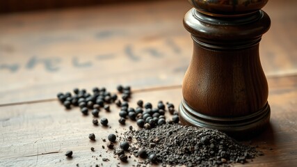 A wooden pepper mill sits on a wooden surface with a pile of freshly ground peppercorns and whole peppercorns scattered around it.