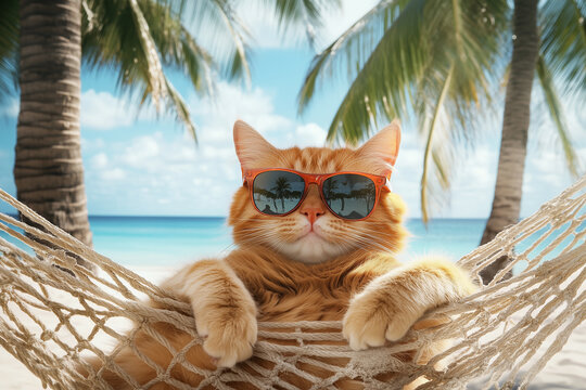 An orange cat wearing sunglasses lounging on a hammock between palm trees on the beach