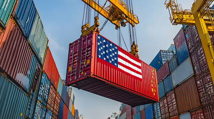 Container ship unloading american flagged cargo port terminal industrial scene urban setting aerial view trade dynamics