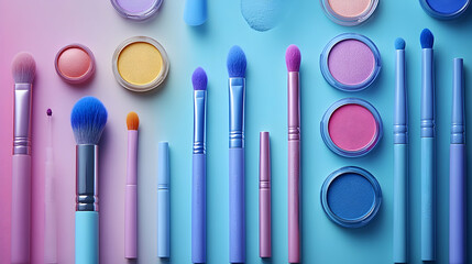 Vibrant makeup tools and accessories beauty studio photography soft lighting bird's eye view colorful palette for makeup enthusiasts