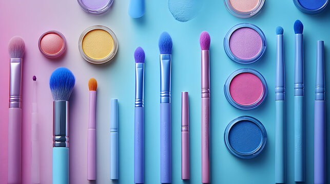 Vibrant makeup tools and accessories beauty studio photography soft lighting bird's eye view colorful palette for makeup enthusiasts