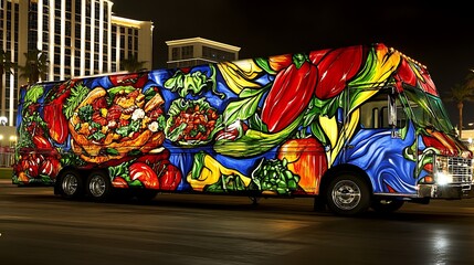 A vibrant food-themed truck adorned with colorful vegetable and dish artwork at night.