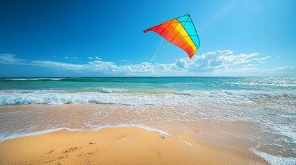 Rainbow Kite Flies High Above Ocean Beach Scene