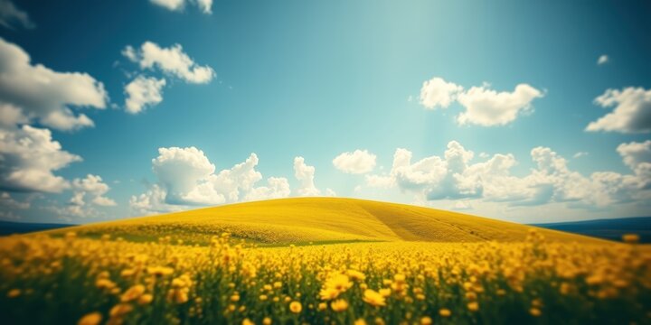 A rolling hill covered in a vibrant field of yellow wildflowers, bathed in the warm glow of sunlight, with a bright blue sky and fluffy white clouds above