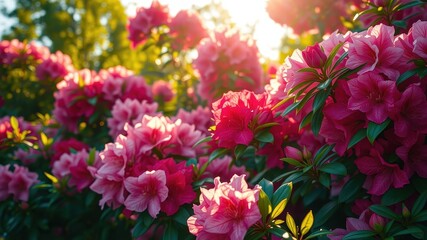Fototapeta premium A vibrant tapestry of pink blossoms, bathed in the warm glow of the setting sun, creating a breathtaking display of natural beauty.