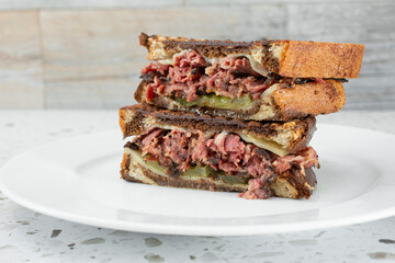 A view of a pastrami sandwich.