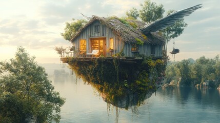 Obraz premium Flying House on a Cliff Overlooking a Lake
