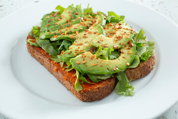 A view of a plate of avocado toast.