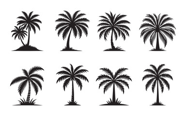 Black palm trees set isolated on white background. Palm silhouettes. Design of palm trees for posters, banners and promotional items. Vector illustration