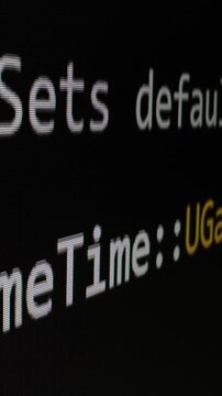 Closeup macro shot movement of coding script moving across LED screen with real-time AI-generated typing, showcasing advanced AI learning in optimization, debug and coding for software development.