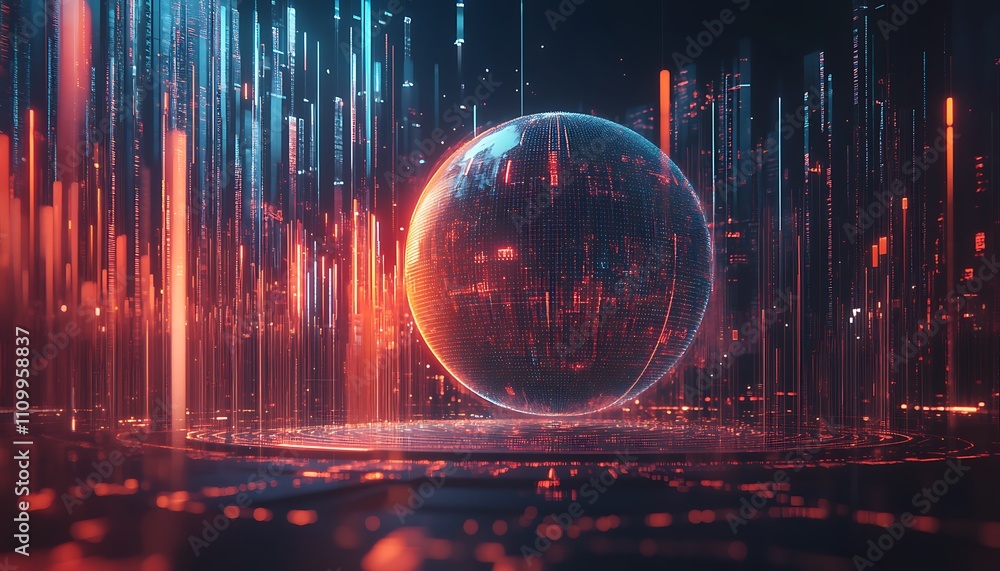 Aufkleber a futuristic digital sphere surrounded by glowing data streams in a cybernetic environment.