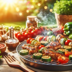 Barbecue of delicious fried meat and vegetables on the grill outdoors. Sunny day, blurred background.
