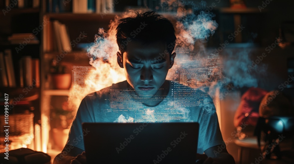 Poster a confident it professional over the age of 35, using a laptop, is surrounded by semi transparent wi