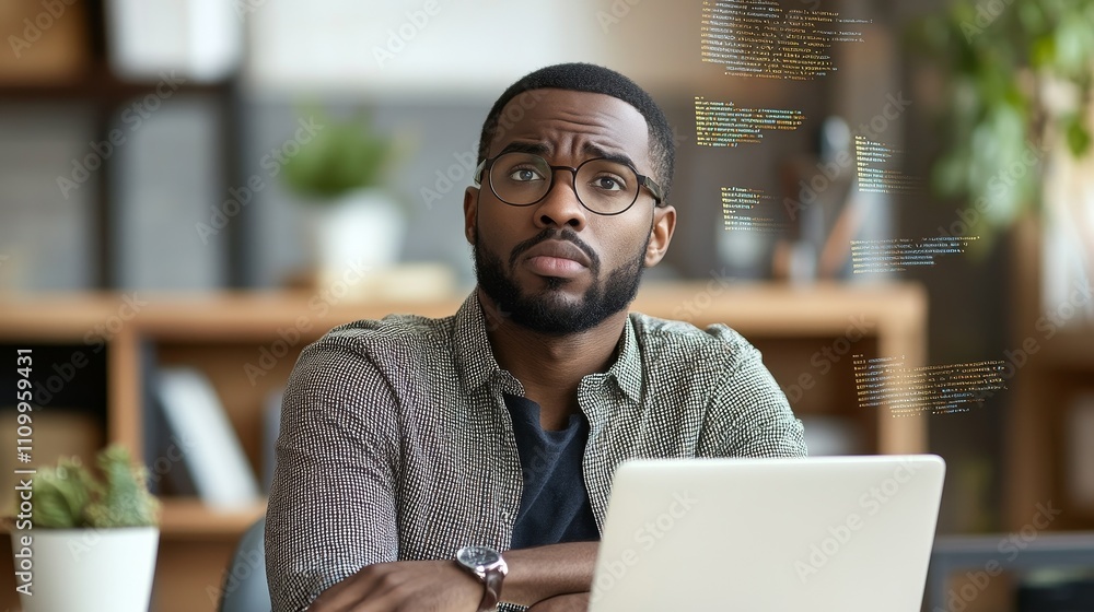 Poster a confident it professional over the age of 35, using a laptop, is surrounded by semi transparent wi