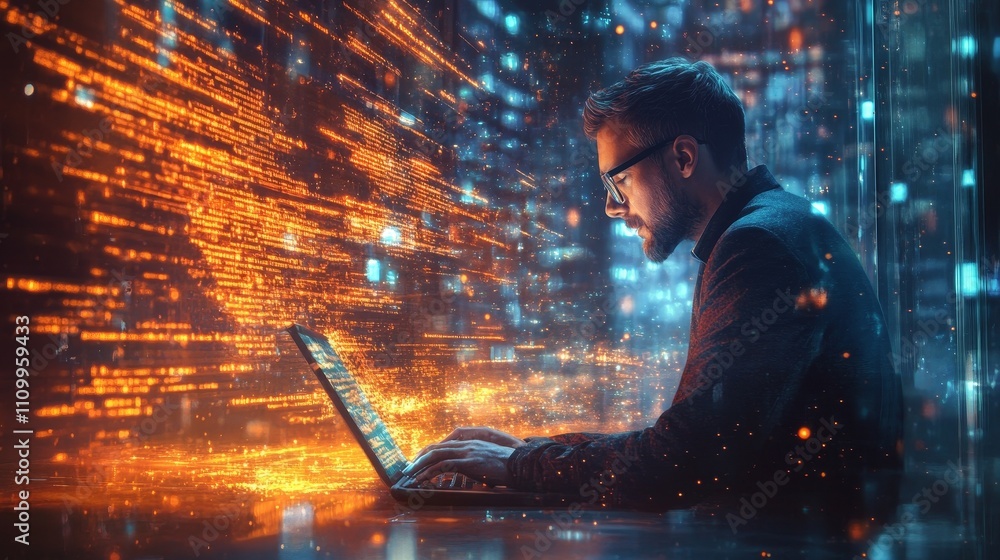 Poster a confident it professional over the age of 35, using a laptop, is surrounded by semi transparent wi