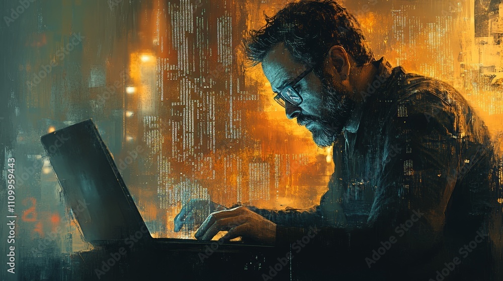 Poster a confident it professional over the age of 35, using a laptop, is surrounded by semi transparent wi
