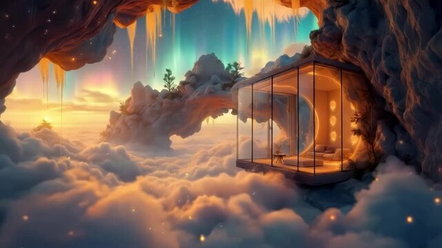 Cosmic Dreamscape Ambient video background,  mesmerizing glass bedroom, Dreamy fantasy above clouds,  a surreal Aurora sky
