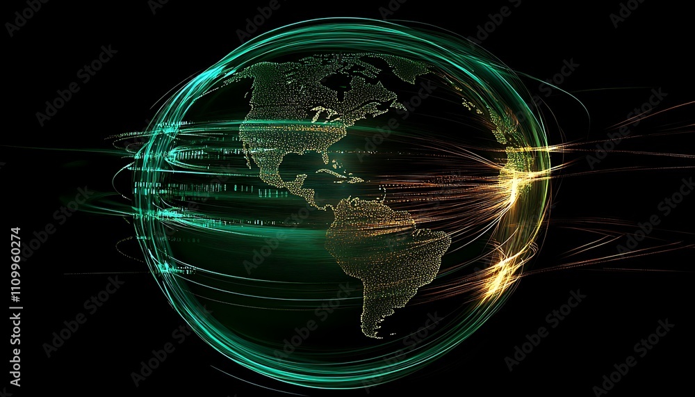 Poster a digital representation of earth with swirling light patterns, symbolizing connectivity and technol