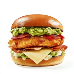 A gourmet chicken burger with guacamole and Monterey Jack cheese, isolated white background, pop...