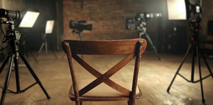 Studio setup - interior view of a movie set featuring a director chair, professional lighting, camera equipment, world of filmmaking, artistic direction, cinematic preparation.
