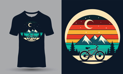 Fototapeta premium black T-shirt Sunset moon night mountain and bycycle design