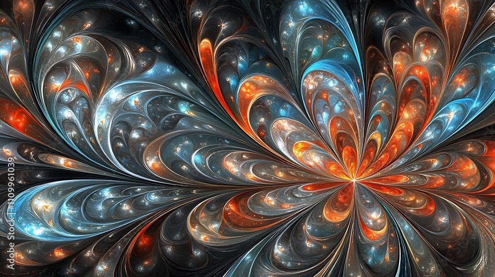 Poster vibrant fractal design showcasing swirling patterns and colors in a cosmic style.