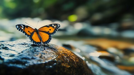 Orange Butterfly Rests on a Dark Rock Near a Stream