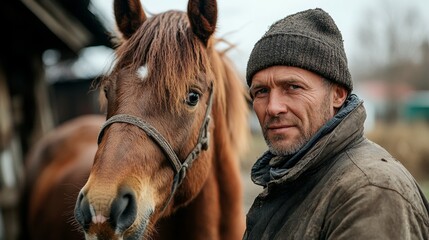 In a small town, a farmer proudly stands next to his horse, showcasing the hardworking and simple rural life, reflecting the bond between humans and animals in a peaceful rural environment.