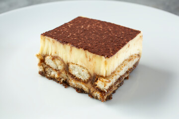 A view of a slice of tiramisu.