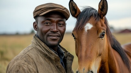 In a small town, a farmer proudly stands next to his horse, showcasing the hardworking and simple rural life, reflecting the bond between humans and animals in a peaceful rural environment.