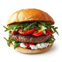 A gourmet lamb burger with goat cheese, roasted red peppers, and arugula on a toasted ciabatta bun