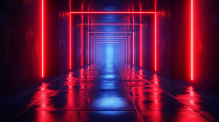 Futuristic Corridor Illuminated by Neon Red Lights in a Dark, Mysterious Setting