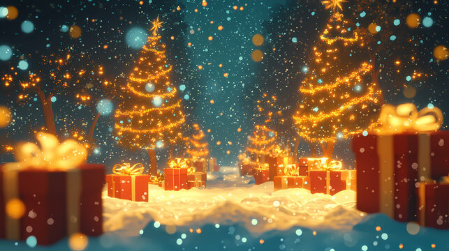 Stock illustration: illuminated christmas trees with golden garlands close to xmas gifts in red boxes with flakes of snow,. Illuminated. Illustration