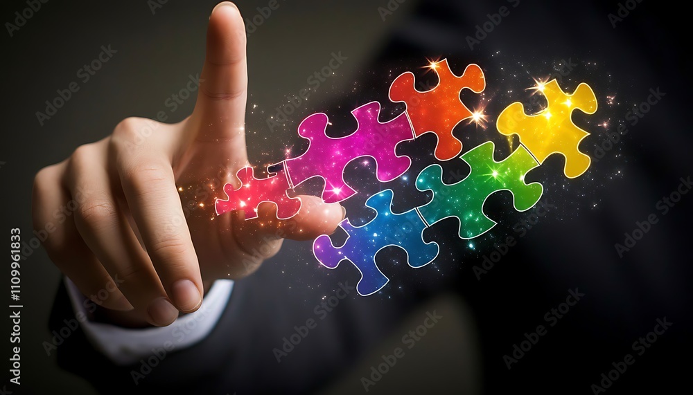 Poster a hand interacts with colorful puzzle pieces, symbolizing creativity and problem-solving.