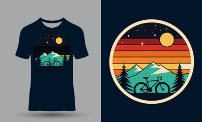 T-shirt Sunset moon night mountain and bycycle design.