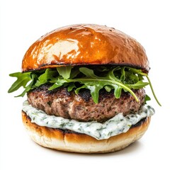 A gourmet lamb burger with tzatziki sauce and arugula, isolated white background, pop art style