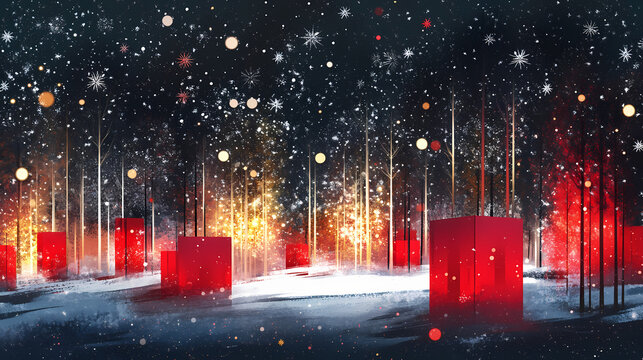 The illuminated christmas trees now blend into a forest of snowy flakes in the shape of stars, close to the red boxes that hold the gifts for christmas. Illuminated. Illustration