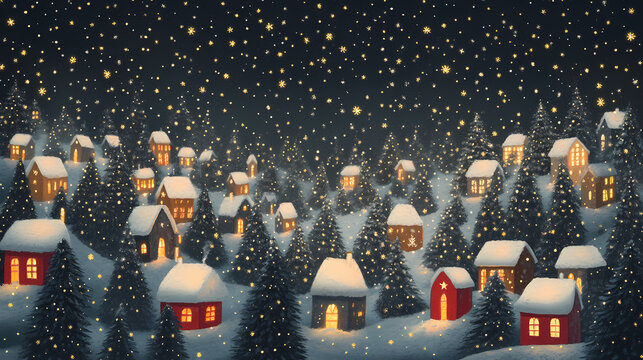 The illuminated christmas trees now blend into a forest of snowy flakes in the shape of stars, close to the red boxes that hold the gifts for christmas. Illuminated. Illustration