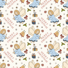 Christmas color seamless contour illustration in the style of childrens doodle Christmas angel with candles