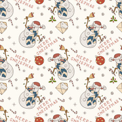 Christmas color seamless contour illustration in the style of childrens doodle A snowman with a bell ringing