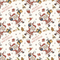 Christmas color seamless contour illustration in the style of childrens doodle Santa Claus holds gifts