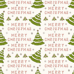 Christmas color seamless contour illustration in the style of childrens doodles Festive fir tree and greeting inscription