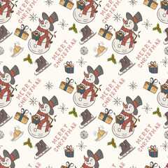 Christmas color seamless contour illustration in the style of childrens doodles a Snowman in a top hat