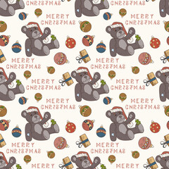 Christmas seamless color contour illustration in the style of childrens doodle a bear toy in a Santa hat