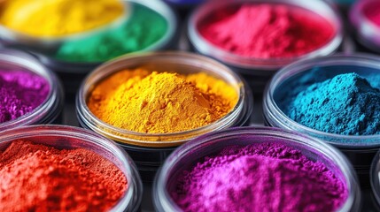 Naklejka premium Vibrant powder pigments in various containers. Ideal for projects on color, art, or Holi festival.