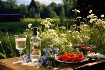 Meadow Retreat: Highlight a refreshing drink with wildflowers in a village meadow.