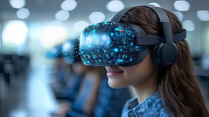 Futuristic classroom with students using virtual reality headsets to explore creative 3D spaces symbolizing tech driven innovation in education