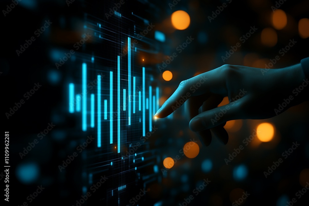 Aufkleber a hand interacts with a digital sound wave display in a futuristic environment.